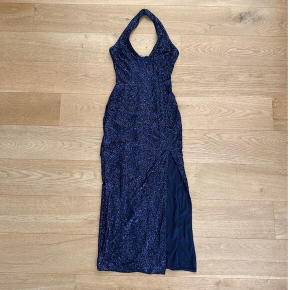 Lulu's Maxi Dress Halter Neck Sequins Size M Navy Blue - Picture 1 of 5
